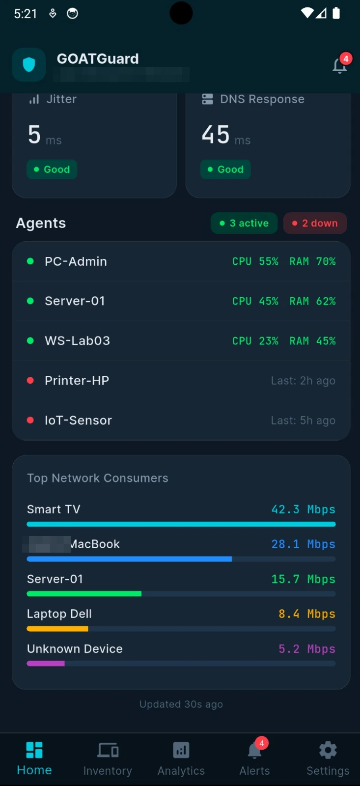 Top network consumers ranked by bandwidth (Mbps) alongside agent status, updated every 30 seconds over WebSocket.