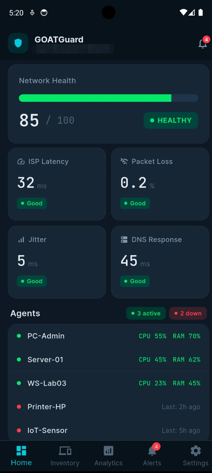 Home dashboard: network health score 85/100 with ISP latency, packet loss, jitter and DNS response cards, plus the agent list with live CPU/RAM per device.